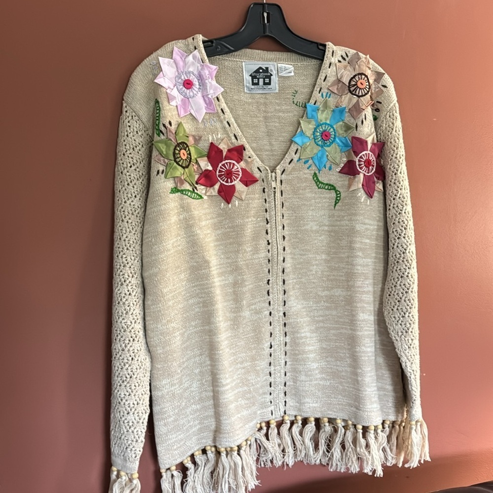 Vintage Storybook Knits Cardigan Sweater  beige Crochet Fringe Granny size L - Picture 3 of 10